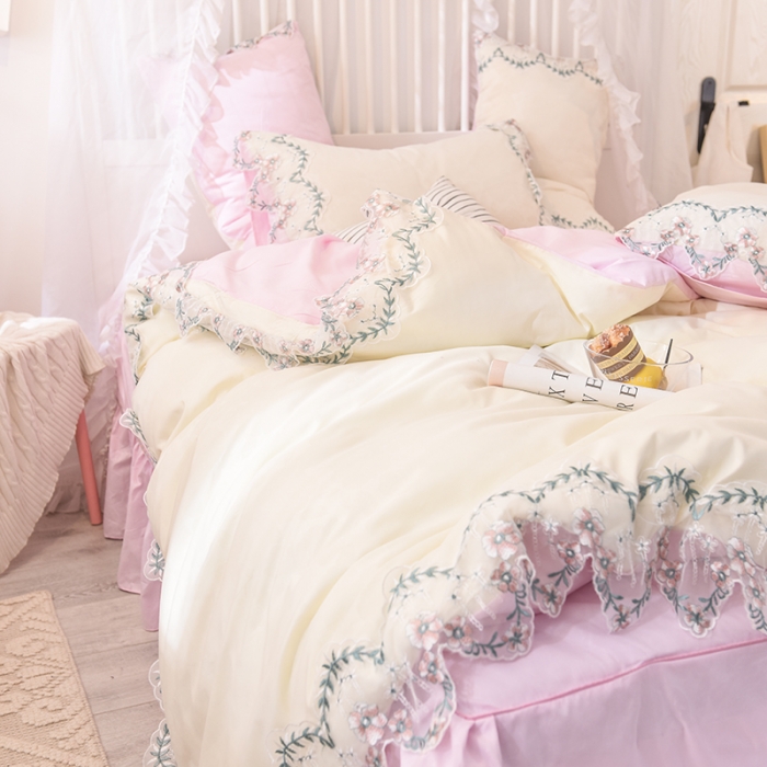 91家纺网 家纺一手货源 找家纺 欧冠 2019新品玫瑰秘密系列四件套床裙款玫瑰秘密-粉白