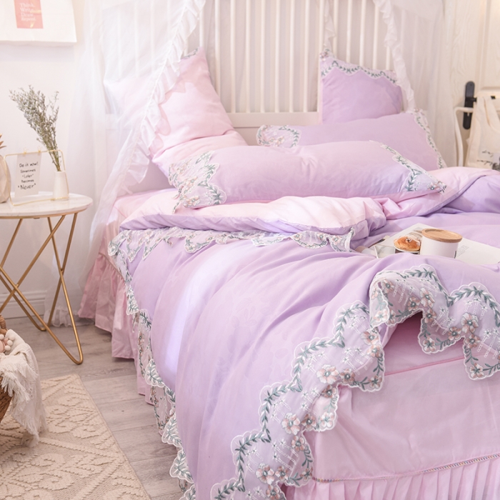 91家纺网 家纺一手货源 找家纺 欧冠 2019新品玫瑰秘密系列四件套床裙款玫瑰秘密-紫粉