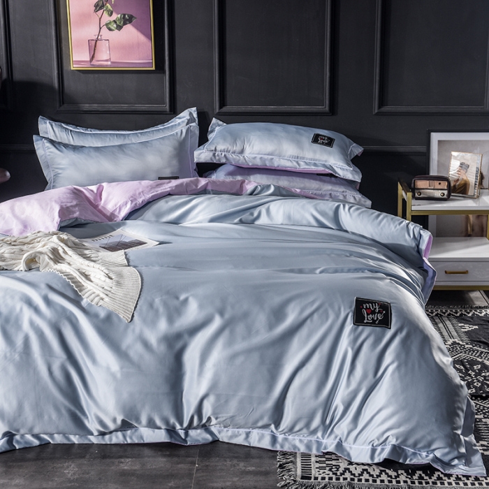 91家纺网 家纺一手货源 找家纺 绒世界 2019新款水洗真丝贴布绣四件套 床单款 浅蓝粉