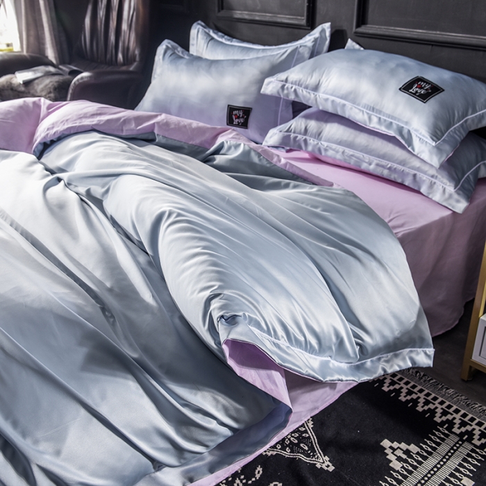 91家纺网 家纺一手货源 找家纺 绒世界 2019新款水洗真丝贴布绣四件套 床单款 浅蓝粉