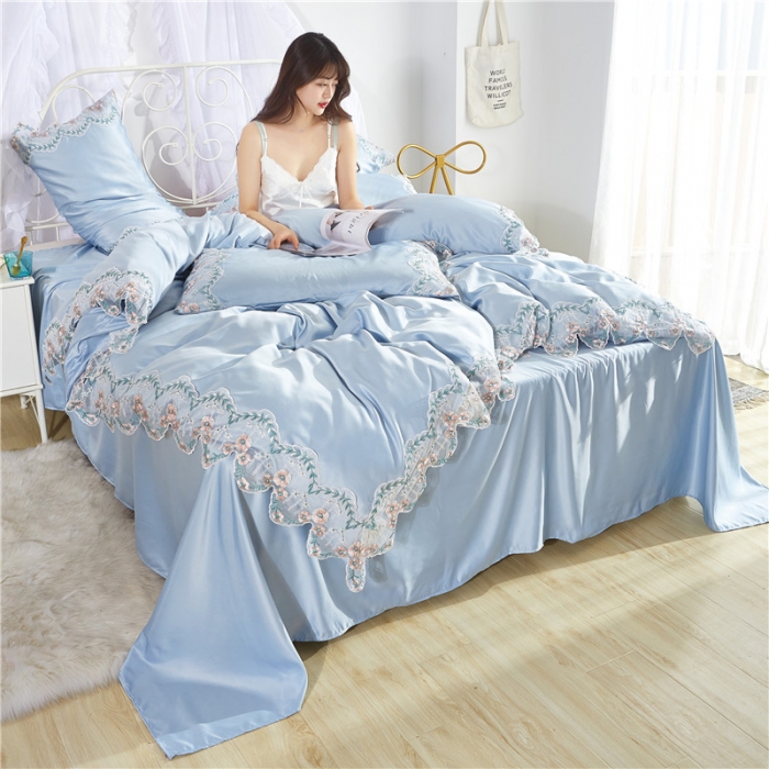 91家纺网 家纺一手货源 找家纺 欧冠 双面水洗真丝丝印良品SILKINLP系列四件套 慕蓝