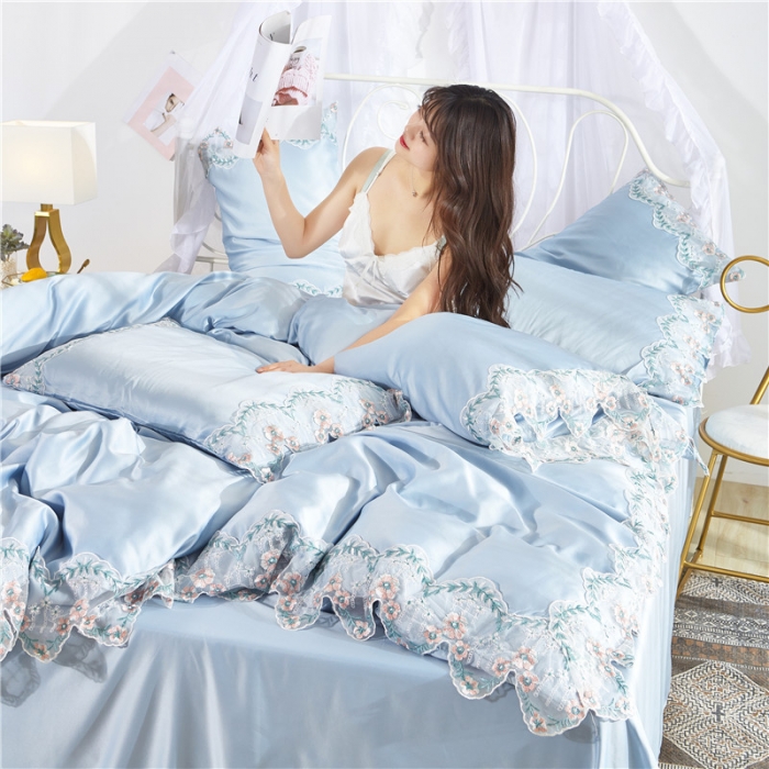 91家纺网 家纺一手货源 找家纺 欧冠 双面水洗真丝丝印良品SILKINLP系列四件套 慕蓝