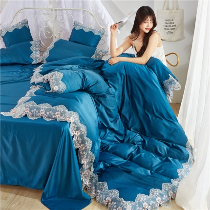 91家纺网 家纺一手货源 找家纺 绒世界 双面水洗真丝丝印良品SILKINLP系列四件套孔雀蓝