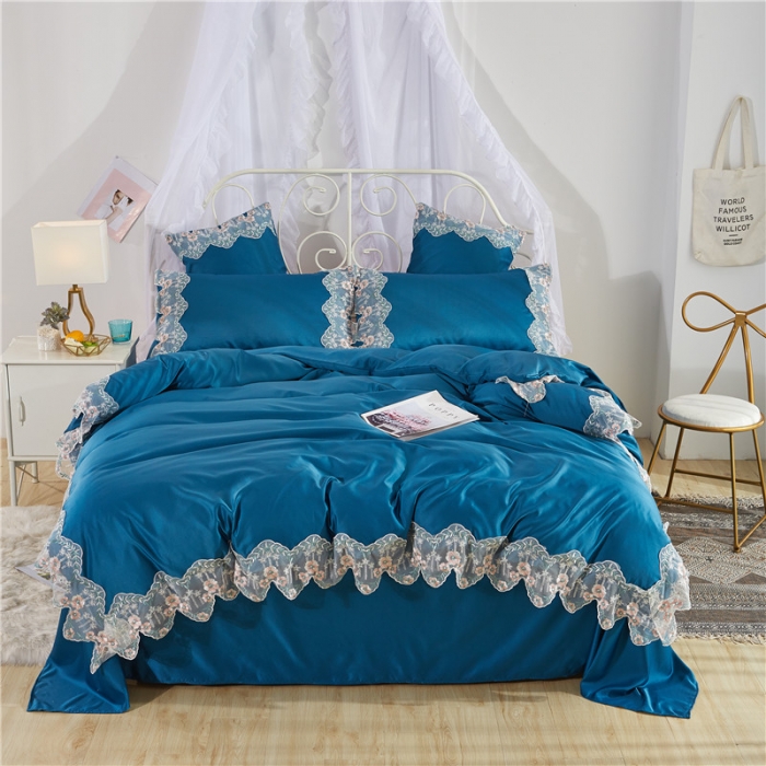 91家纺网 家纺一手货源 找家纺 绒世界 双面水洗真丝丝印良品SILKINLP系列四件套孔雀蓝