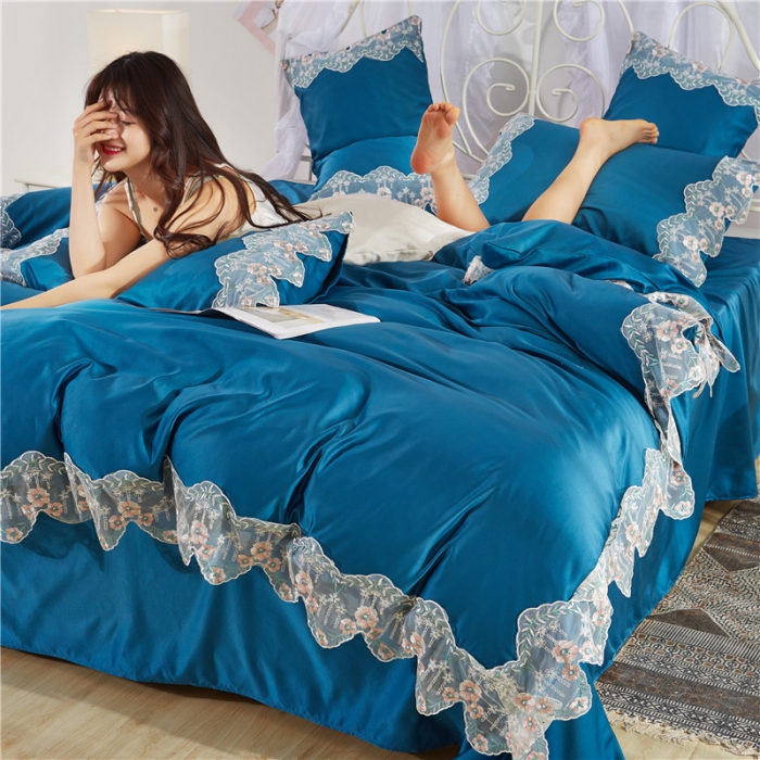 91家纺网 家纺一手货源 找家纺 绒世界 双面水洗真丝丝印良品SILKINLP系列四件套孔雀蓝