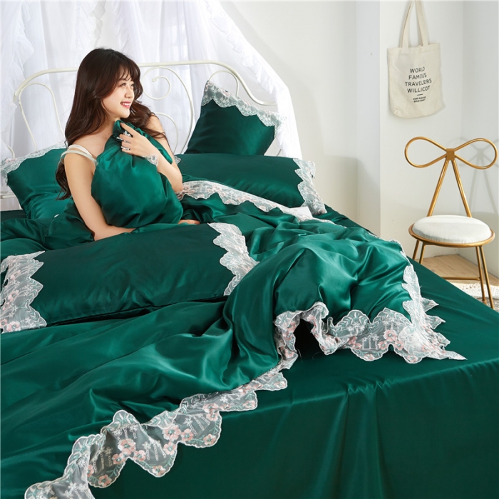 91家纺网 家纺一手货源 找家纺 欧冠 双面水洗真丝丝印良品SILKINLP系列四件套 墨绿