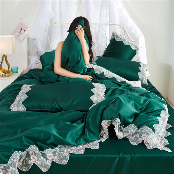 91家纺网 家纺一手货源 找家纺 欧冠 双面水洗真丝丝印良品SILKINLP系列四件套 墨绿