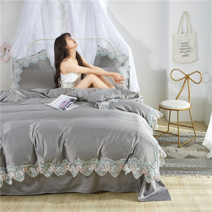 91家纺网 家纺一手货源 找家纺 绒世界 双面水洗真丝丝印良品SILKINLP系列四件套 烟灰