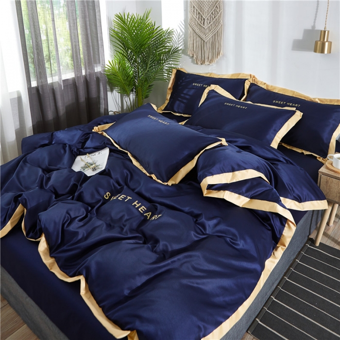 91家纺网 家纺一手货源 找家纺 绒世界 2019新款水洗绣花真丝四件套甜蜜的爱系列 宝蓝