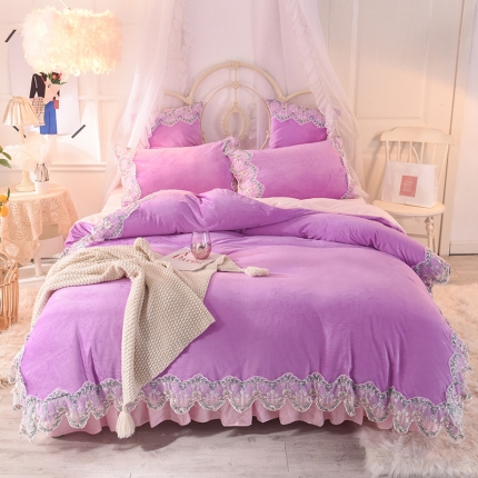91家纺网 家纺一手货源 找家纺 欧冠2019水晶绒宝宝绒花边款和毛巾绣款四件套花边款-紫粉