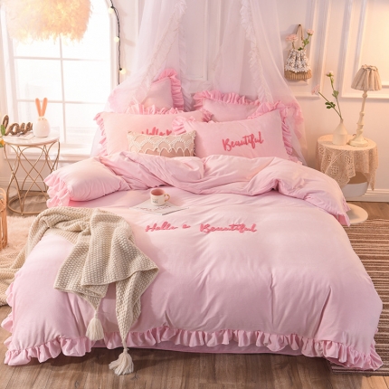 91家纺网 家纺一手货源 找家纺 欧冠2019水晶绒宝宝绒花边款和毛巾绣款四件套毛巾绣-粉色