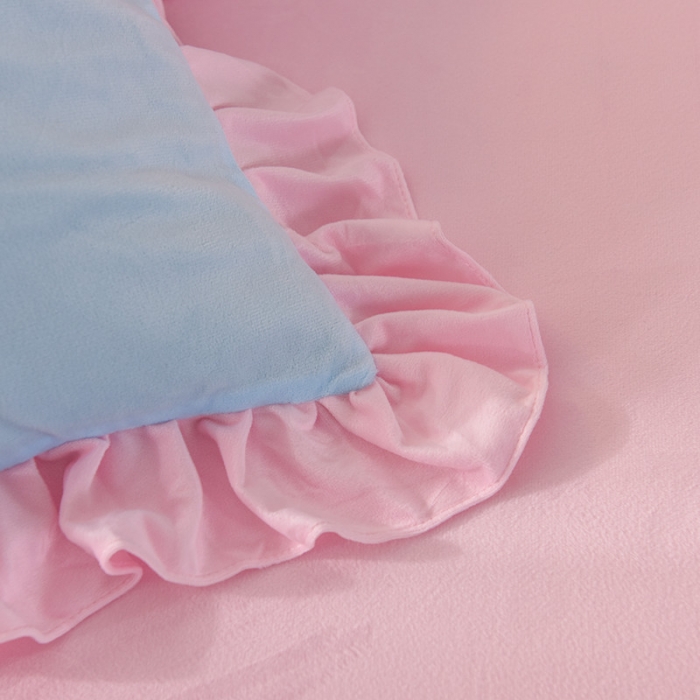 91家纺网 家纺一手货源 找家纺 欧冠2019水晶绒宝宝绒花边款和毛巾绣款四件套毛巾绣慕蓝粉