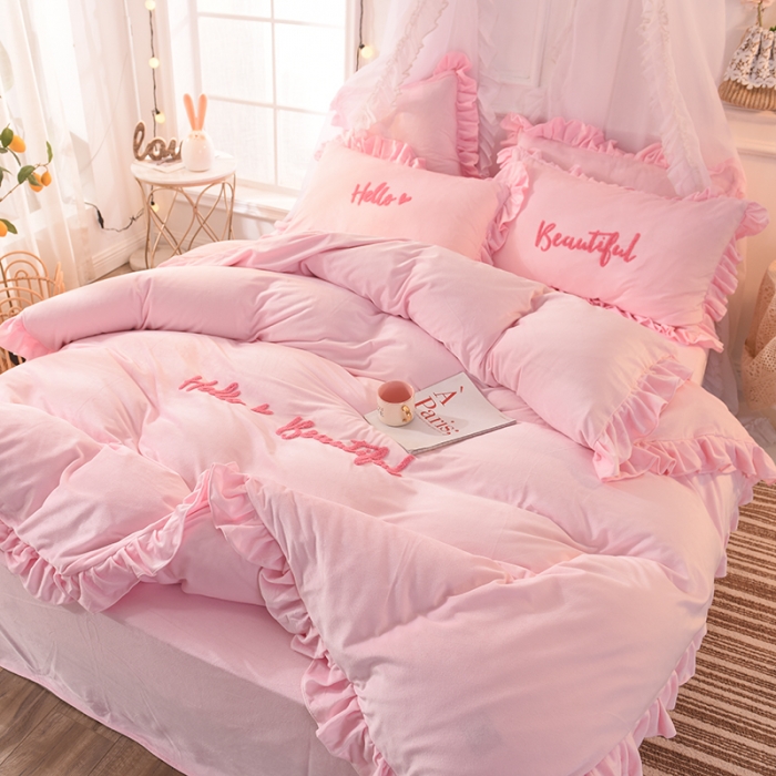 91家纺网 家纺一手货源 找家纺 绒世界 秋冬绒款花边款和毛巾绣四件套床单款 毛巾绣-粉色