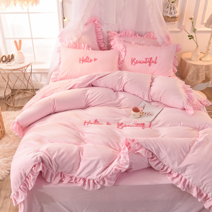 91家纺网 家纺一手货源 找家纺 绒世界 秋冬绒款花边款和毛巾绣四件套床单款 毛巾绣-粉色