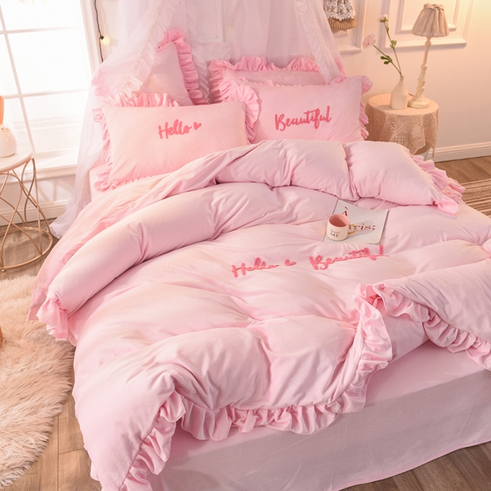 91家纺网 家纺一手货源 找家纺 绒世界 秋冬绒款花边款和毛巾绣四件套床单款 毛巾绣-粉色