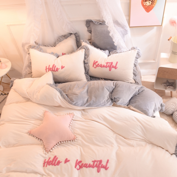 91家纺网 家纺一手货源 找家纺 绒世界 秋冬绒款花边款和毛巾绣四件套床单款 毛巾绣-灰白