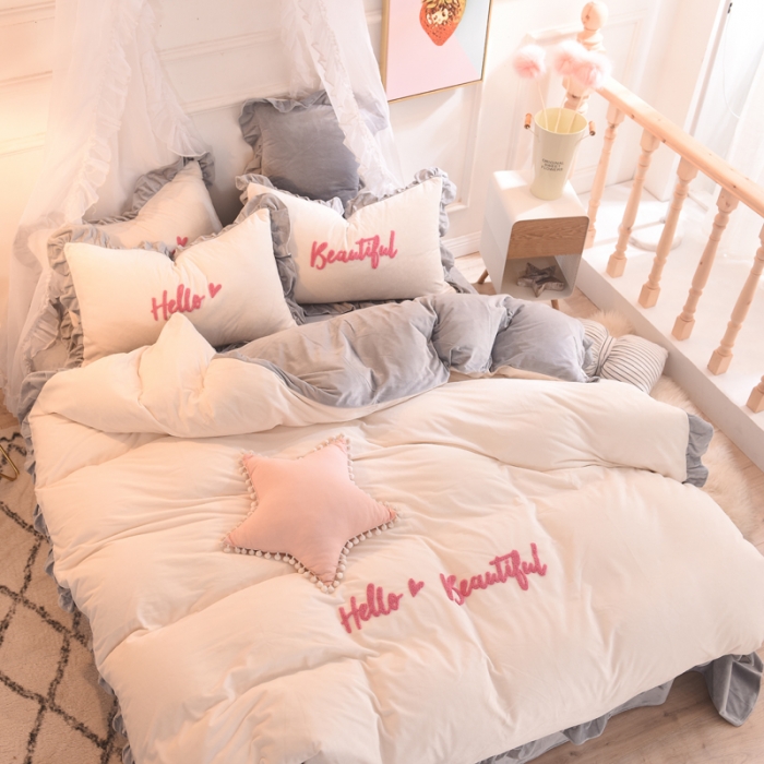 91家纺网 家纺一手货源 找家纺 绒世界 秋冬绒款花边款和毛巾绣四件套床单款 毛巾绣-灰白