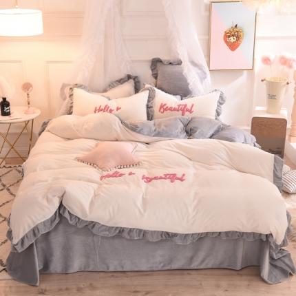 绒世界 秋冬绒款花边款和毛巾绣四件套床单款 毛巾绣-灰白