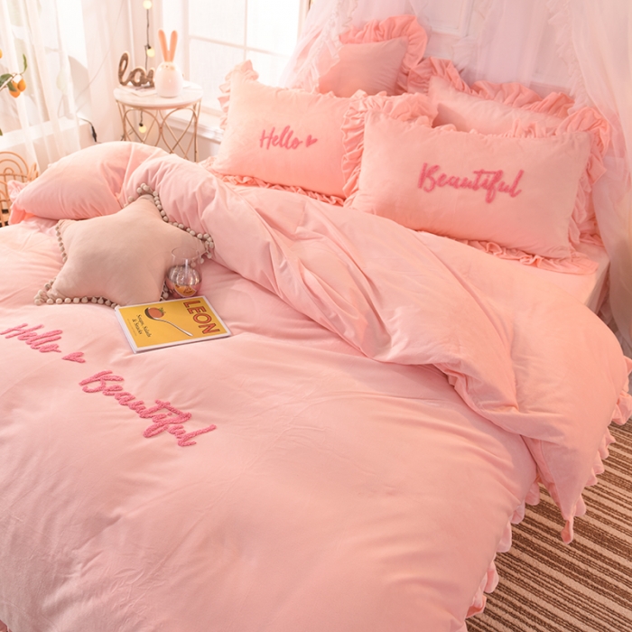 91家纺网 家纺一手货源 找家纺 绒世界 秋冬绒款花边款和毛巾绣四件套床单款 毛巾绣-玉色