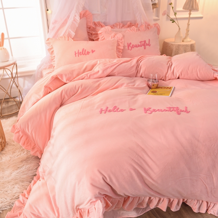 91家纺网 家纺一手货源 找家纺 绒世界 秋冬绒款花边款和毛巾绣四件套床单款 毛巾绣-玉色