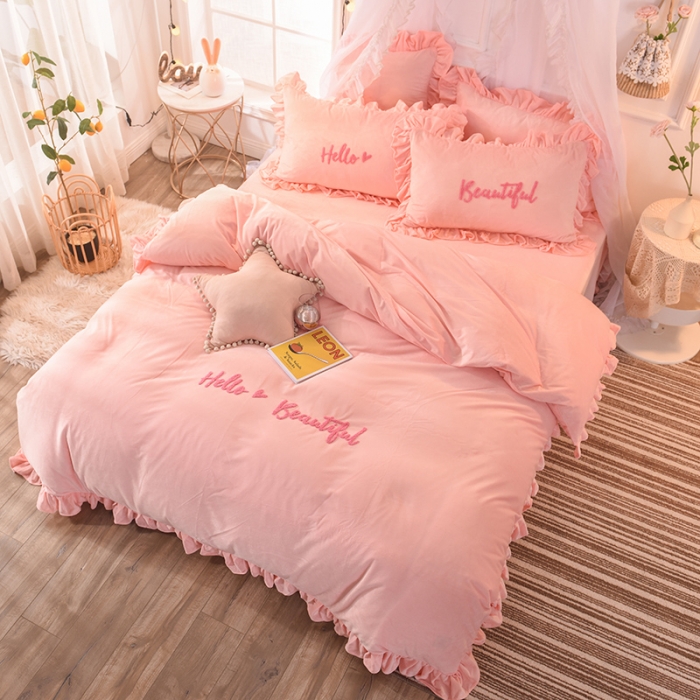 91家纺网 家纺一手货源 找家纺 绒世界 秋冬绒款花边款和毛巾绣四件套床单款 毛巾绣-玉色