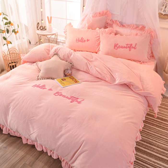 91家纺网 家纺一手货源 找家纺 绒世界 秋冬绒款花边款和毛巾绣四件套床单款 毛巾绣-玉色