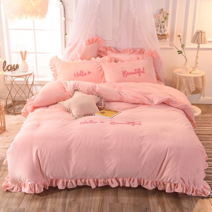 绒世界 秋冬绒款花边款和毛巾绣四件套床单款 毛巾绣-玉色