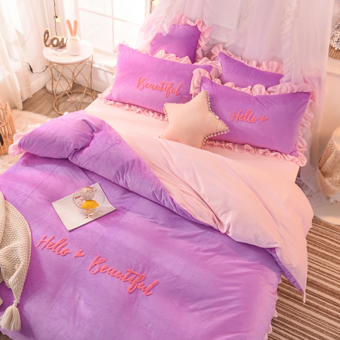 91家纺网 家纺一手货源 找家纺 绒世界 秋冬绒款花边款和毛巾绣四件套床单款 毛巾绣-紫粉