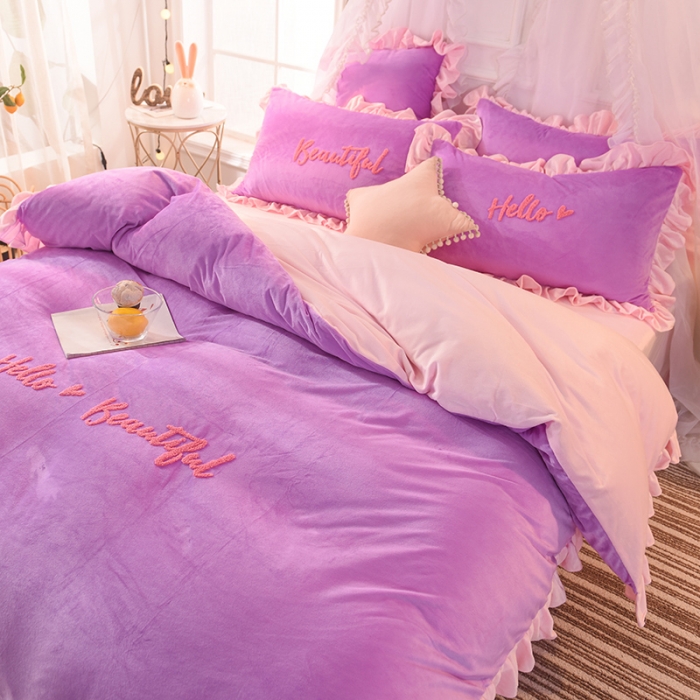91家纺网 家纺一手货源 找家纺 绒世界 秋冬绒款花边款和毛巾绣四件套床单款 毛巾绣-紫粉