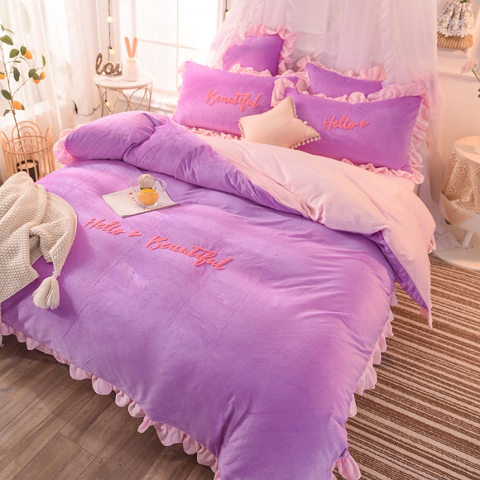 91家纺网 家纺一手货源 找家纺 绒世界 秋冬绒款花边款和毛巾绣四件套床单款 毛巾绣-紫粉