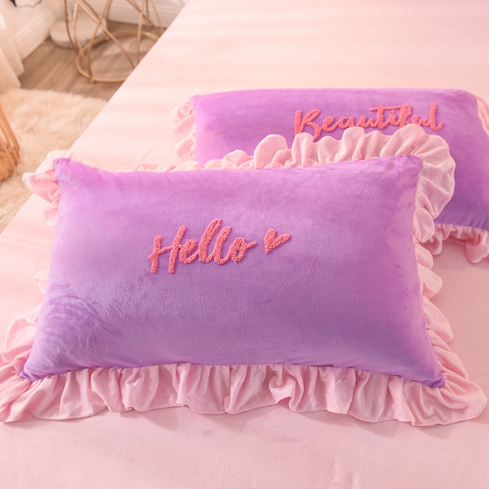 91家纺网 家纺一手货源 找家纺 绒世界 秋冬绒款花边款和毛巾绣四件套床单款 毛巾绣-紫粉