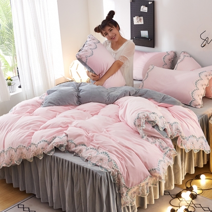 绒世界 秋冬绒款花边款和毛巾绣四件套床裙款 花边款-粉灰