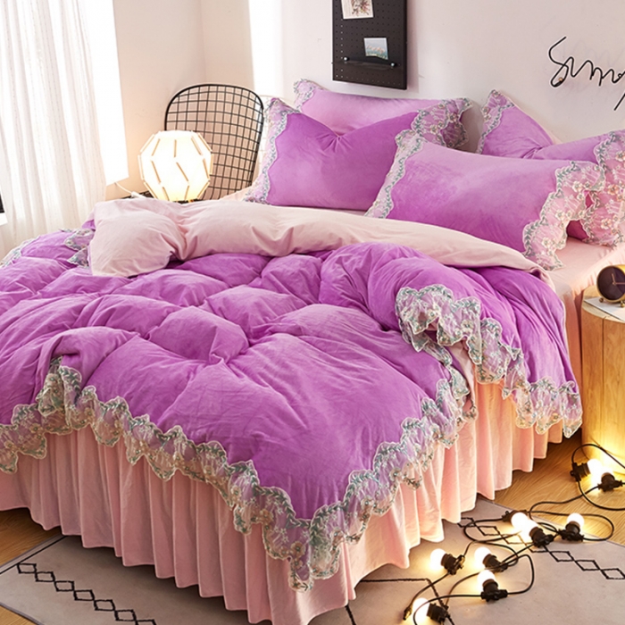 91家纺网 家纺一手货源 找家纺 绒世界 秋冬绒款花边款和毛巾绣四件套床裙款 花边款-紫粉