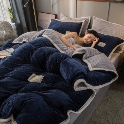 欧冠 2019提花法莱绒加贝贝绒加厚四件套 蓝灰