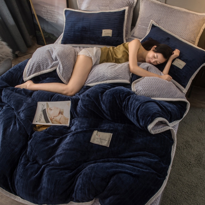 91家纺网 家纺一手货源 找家纺 欧冠 2019提花法莱绒加贝贝绒加厚四件套 蓝灰