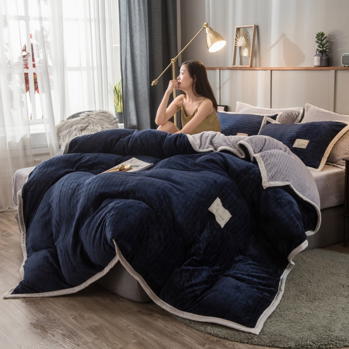 91家纺网 家纺一手货源 找家纺 欧冠 2019提花法莱绒加贝贝绒加厚四件套 蓝灰