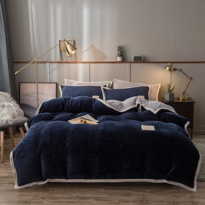 91家纺网 家纺一手货源 找家纺 欧冠 2019提花法莱绒加贝贝绒加厚四件套 蓝灰