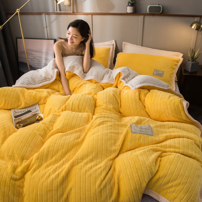 91家纺网 家纺一手货源 找家纺 欧冠 2019提花法莱绒加贝贝绒加厚四件套 亮黄白