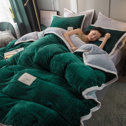 欧冠 2019提花法莱绒加贝贝绒加厚四件套 墨绿灰