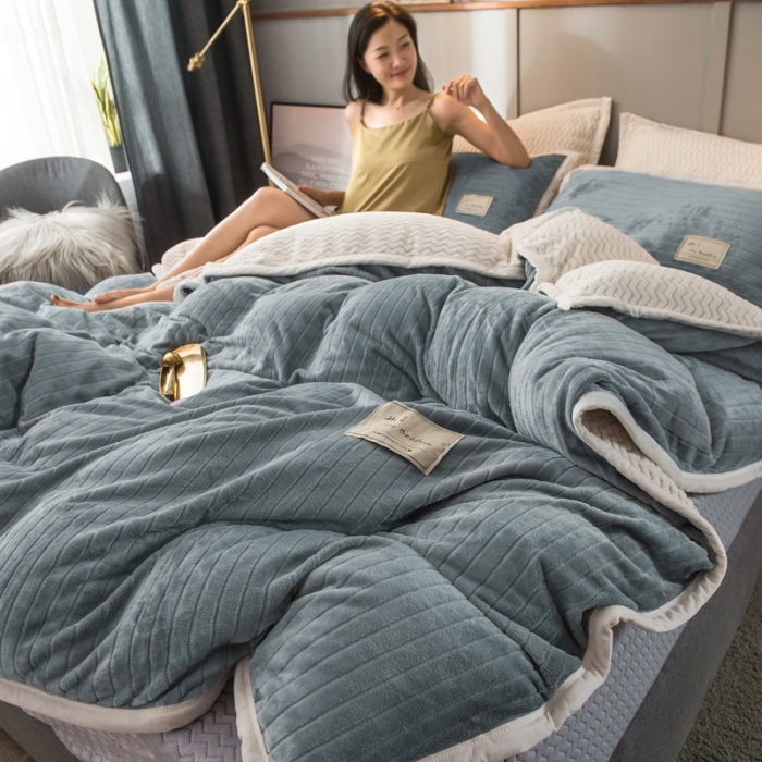 91家纺网 家纺一手货源 找家纺 欧冠 2019提花法莱绒加贝贝绒加厚四件套 素雅灰