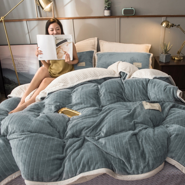 91家纺网 家纺一手货源 找家纺 欧冠 2019提花法莱绒加贝贝绒加厚四件套 素雅灰