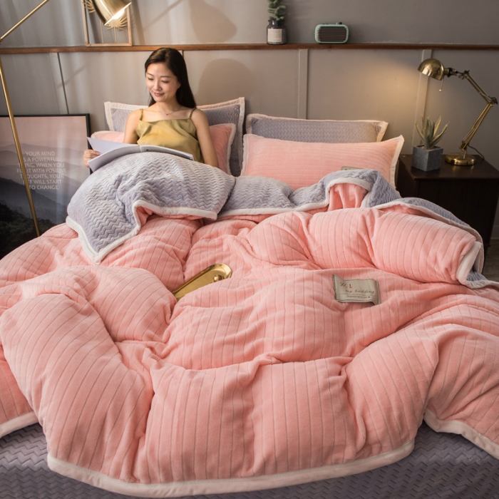 91家纺网 家纺一手货源 找家纺 欧冠 2019提花法莱绒加贝贝绒加厚四件套 玉灰