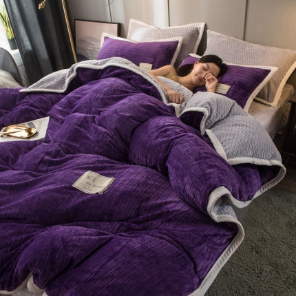 91家纺网 家纺一手货源 找家纺 欧冠 2019提花法莱绒加贝贝绒加厚四件套 紫灰