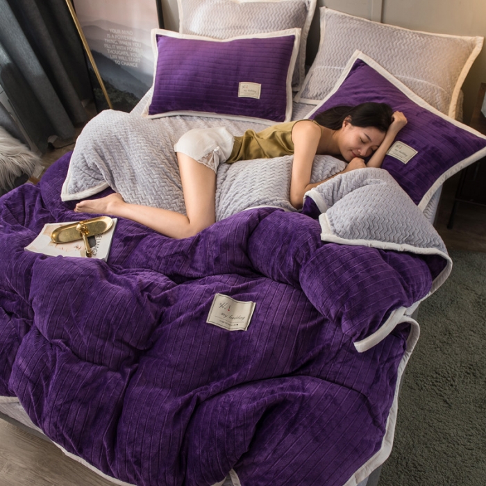 91家纺网 家纺一手货源 找家纺 欧冠 2019提花法莱绒加贝贝绒加厚四件套 紫灰