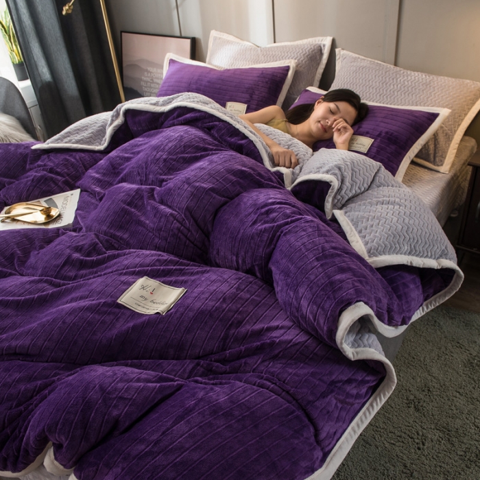 91家纺网 家纺一手货源 找家纺 欧冠 2019提花法莱绒加贝贝绒加厚四件套 紫灰