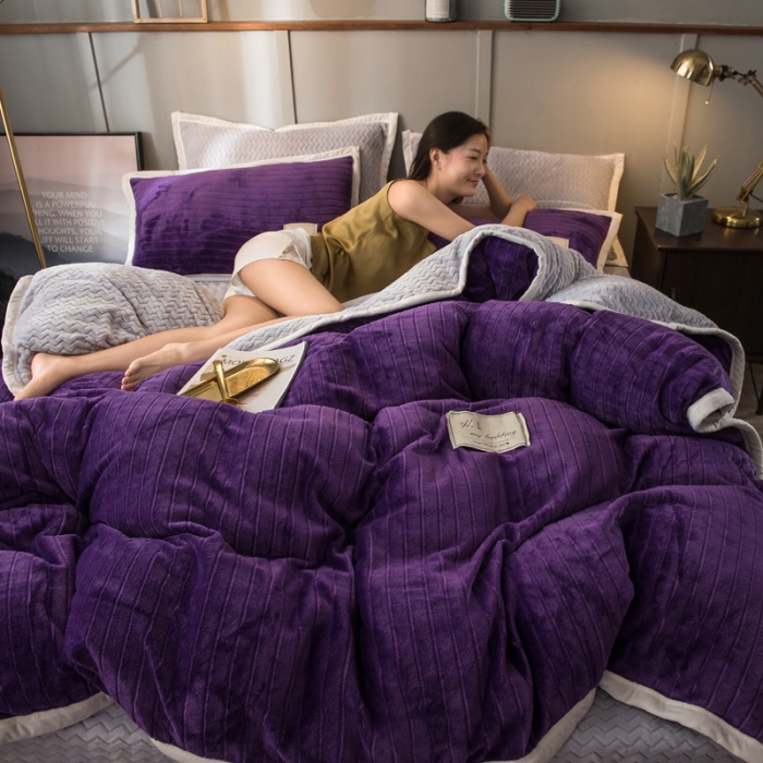 91家纺网 家纺一手货源 找家纺 欧冠 2019提花法莱绒加贝贝绒加厚四件套 紫灰