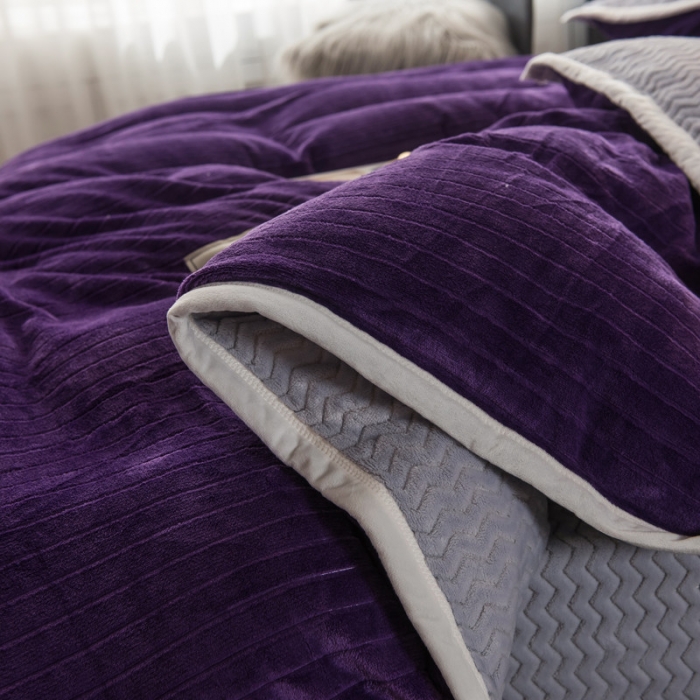 91家纺网 家纺一手货源 找家纺 欧冠 2019提花法莱绒加贝贝绒加厚四件套 紫灰