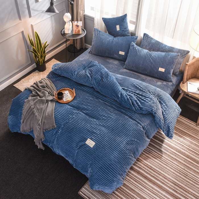 91家纺网 家纺一手货源 找家纺 欧冠 2019秋冬魔法绒暖绒系列四件套床单款 宝蓝
