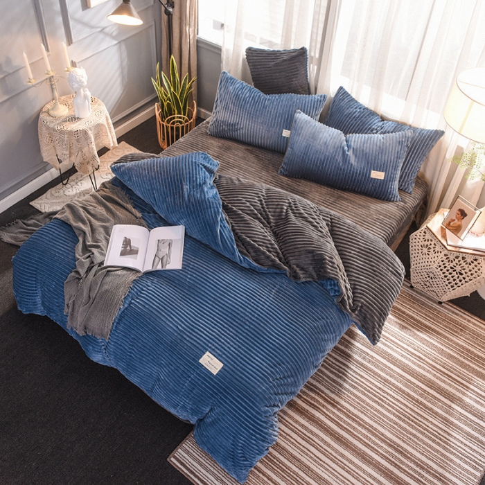 91家纺网 家纺一手货源 找家纺 欧冠 2019秋冬魔法绒暖绒系列四件套床单款 宝蓝深灰