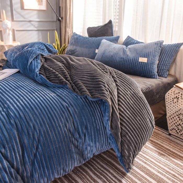 91家纺网 家纺一手货源 找家纺 欧冠 2019秋冬魔法绒暖绒系列四件套床单款 宝蓝深灰